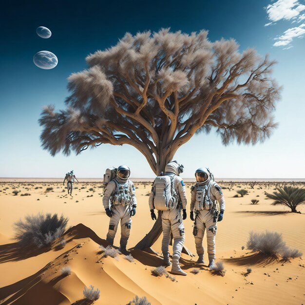 astronauti in un deserto con un albero sullo sfondo