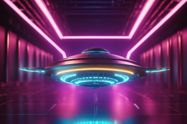 Astronave aliena UFO in volo isolata sul fondo di sfondo di colore neon generato dall'intelligenza artificiale