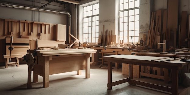 Atelier di lavorazione del legno Una stanza vicino alla finestra lavoratore del legno