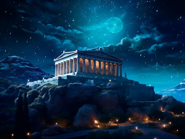 Atene di notte con la luna piena e le stelle Elementi di questa immagine fornita dalla NASA