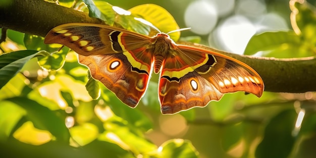 Atlante giovanile falena Attacus atlas che si appollaia su un tronco d'albero con il sole