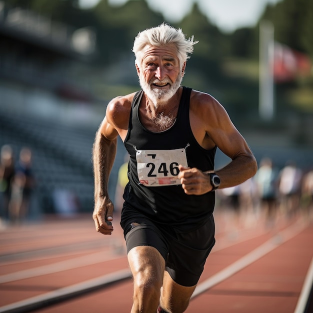 Atleta anziano che corre su una pista con determinazione