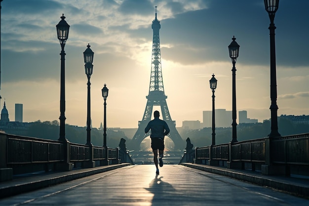 Atleta che corre a Parigi Torre Eiffel sullo sfondo Giochi olimpici estivi di Parigi 2024 Allenamento mattutino corsa maratoneta che corre per le strade della città