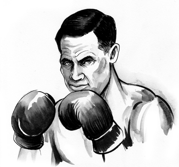 Atleta di boxe. Disegno a inchiostro in bianco e nero