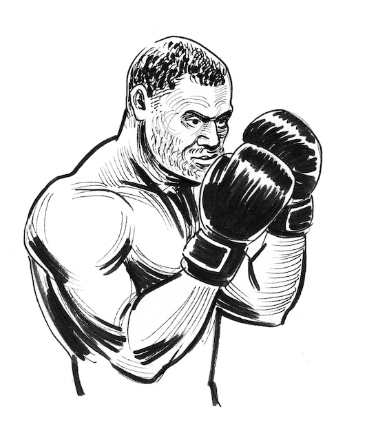 Atleta di boxe. Disegno a inchiostro in bianco e nero