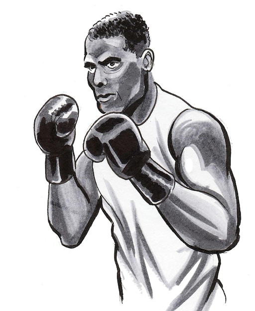 Atleta di boxe. Disegno a inchiostro in bianco e nero