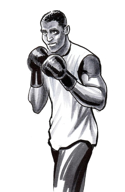 Atleta di boxe. Disegno a inchiostro in bianco e nero