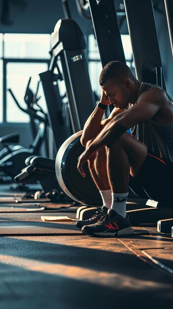 Atleta disperato seduto su attrezzature da palestra che tiene il ginocchio nel dolore