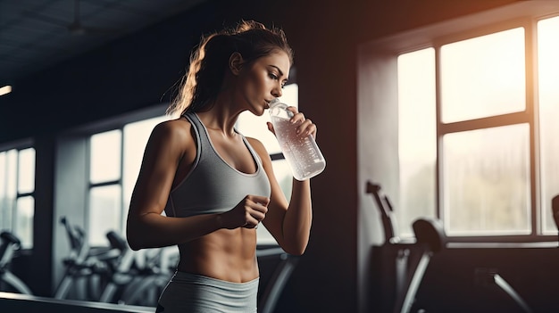 Atleta donna che beve acqua pura dopo l'esercizio di allenamento