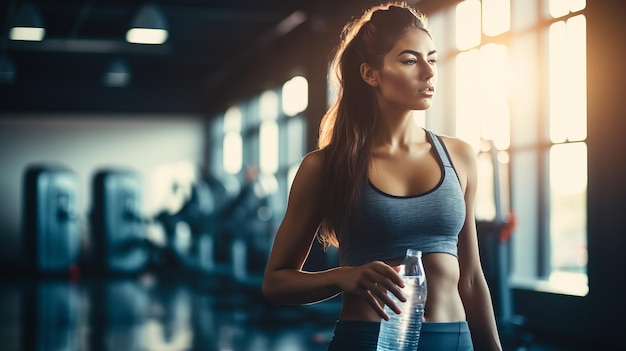 Atleta donna che beve acqua pura dopo l'esercizio di allenamento