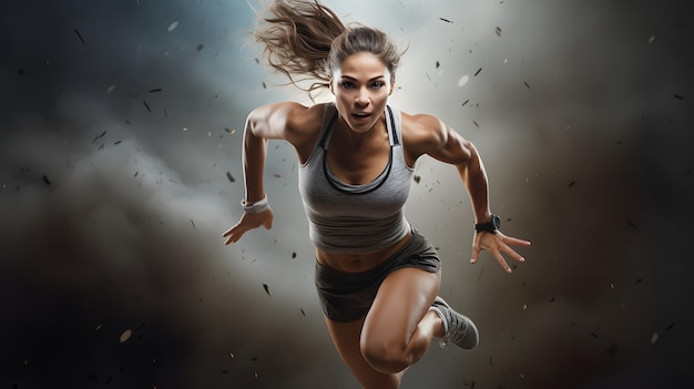 Atleta femminile attiva che corre a mezz'aria in una vigorosa sessione di allenamento