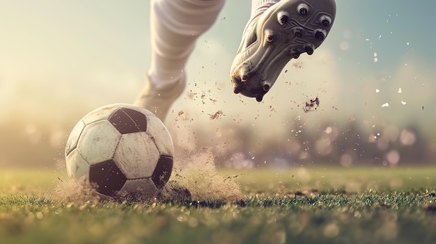 Atleta in azione Vista laterale di una scarpa da calcio che calcia una palla da calcio