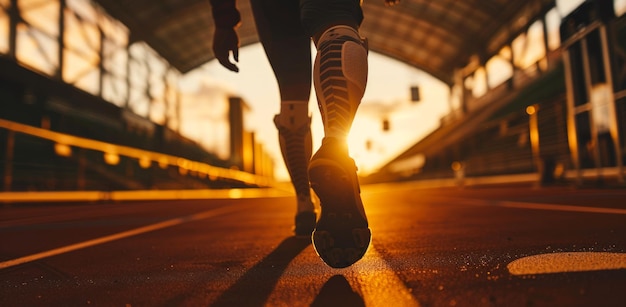 Atleta in corsa sulla pista con il tramonto sullo sfondo