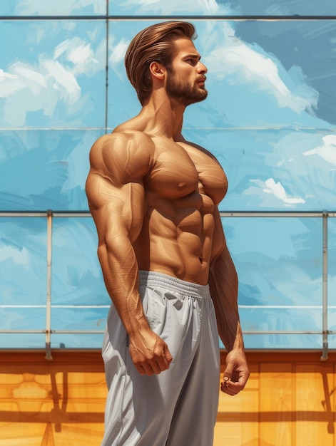 Atleta maschile senza maglietta uomo con muscoli pompati e addominali bodybuilder di arti marziali