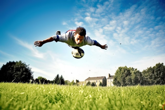 Atleta maschio in uniforme sportivo in volo che salta sullo sfondo dello stadio aereo