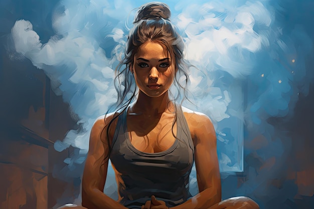 Atleta meditativo con fumo blu astratto