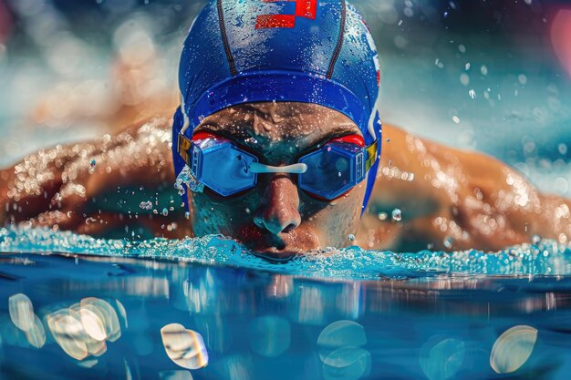 Atleta nuotatore con occhiali e berretto da nuoto nella corsia della piscina coperta in competizioni