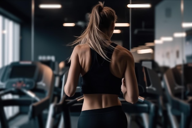 Atleta ragazza su un tapis roulant in palestra attività sportiva ai generativa