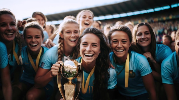 Atleti donne che ridono con un trofeo di calcio nello stadio