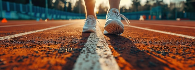 Atleti maschi con le scarpe da corsa sulla linea di partenza dello stadio concetto di maratona del corridore sportivo