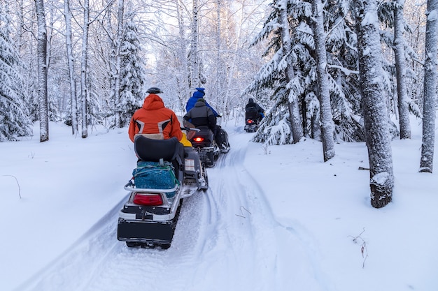 Atleti su una motoslitta nella foresta invernale.