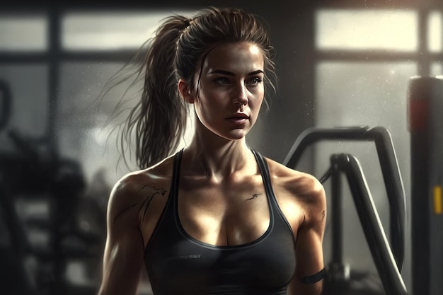 Atletica ragazza snella che si allena in palestra in un fitness club Illustrazione dell'intelligenza artificiale generativa