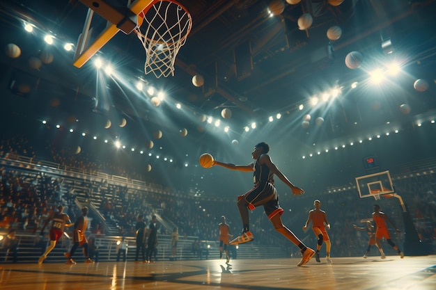 Atletico multietnico che corre per segnare un gol Slam Dunk davanti a un'arena universitaria affollata