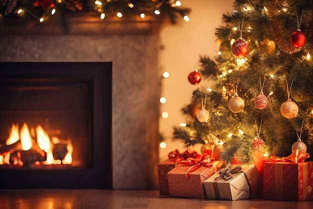 Atmosfera da vacanza invernale in una stanza calda con un albero di Natale pieno di luci e giocattoli vicino a un grazioso caminetto con doni Interni natalizi Design di Capodanno Sfondo sfocato Messa a fuoco selettiva