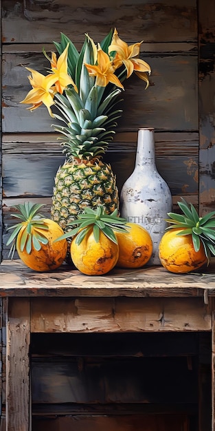 Atmosfera esotica Pittura fotorealista di natura morta con tartufi e ananas