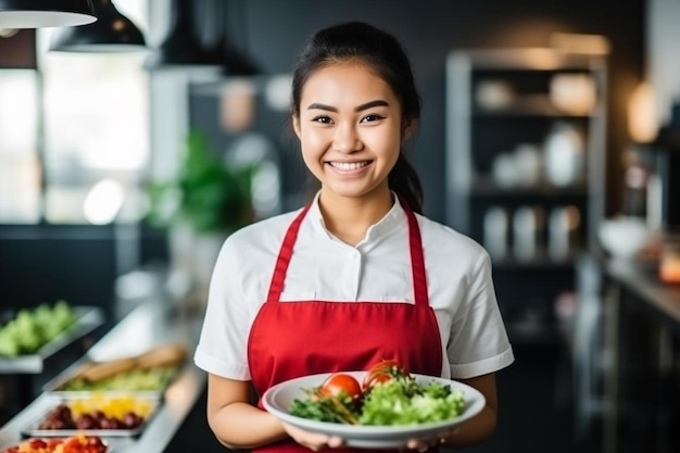 atmosfera mattutina in una cucina moderna bella donna asiatica in piedi in una cucina cucinare indossando un