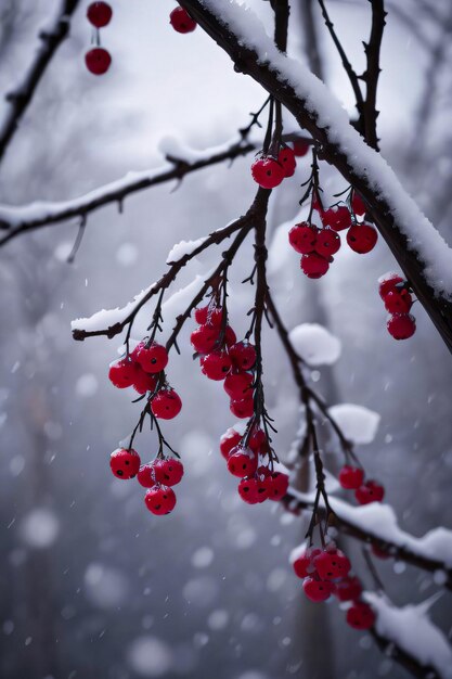 Atmosfera natalizia invernale Foto di rami innevati con bacche rosse