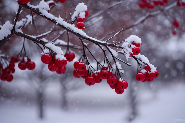 Atmosfera natalizia invernale Foto di rami innevati con bacche rosse