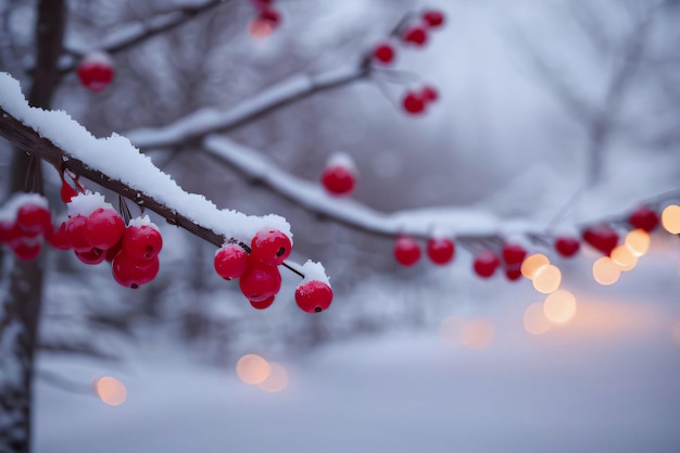 Atmosfera natalizia invernale Foto di rami innevati con bacche rosse