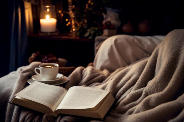 atmosfera serale accogliente di un libro aperto e una tazza di caffè sul letto