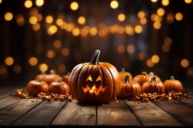 Atmosfera spettrale Tavolo in legno Zucca di Halloween e luci bokeh inquietanti