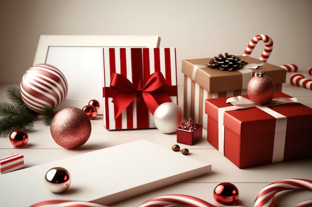 Atmosfera vacanziera con carta di scatole regalo natalizie e accessori natalizi su tavola di legno Buon natale