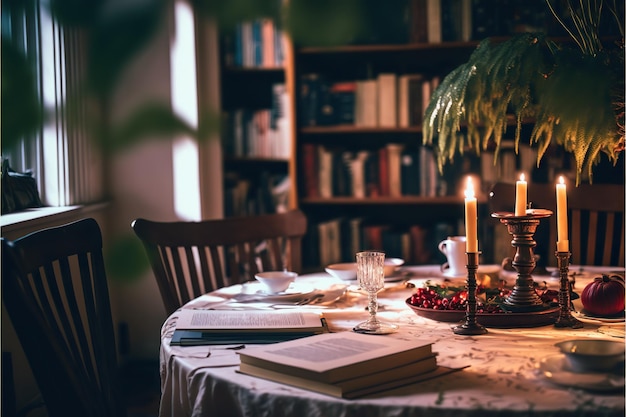 Atmosferica biblioteca francese con interni affascinanti e accoglienti nella luce del mattino intimo nostalgico elegante parigino AI generativo