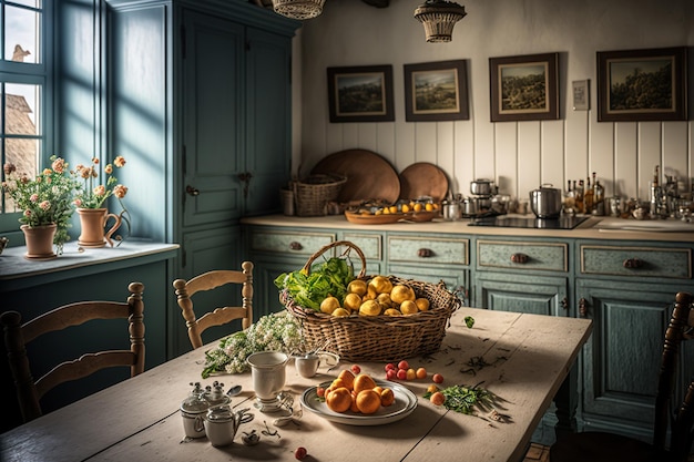 Atmosferica cucina francese con interni affascinanti e accoglienti nella luce del mattino intimo nostalgico elegante parigino AI generativo