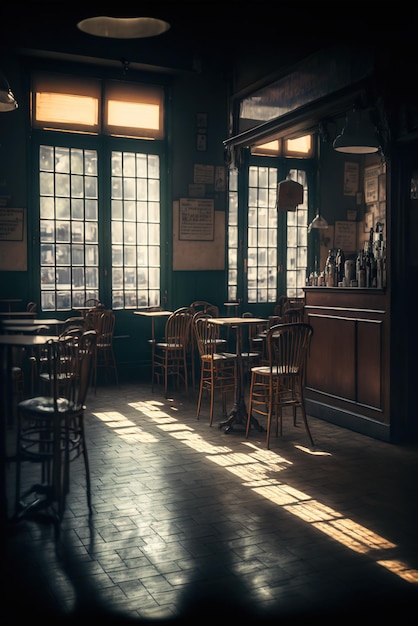 Atmosferico caffè francese con interni affascinanti e accoglienti nella luce del mattino intimo nostalgico elegante parigino AI generativo