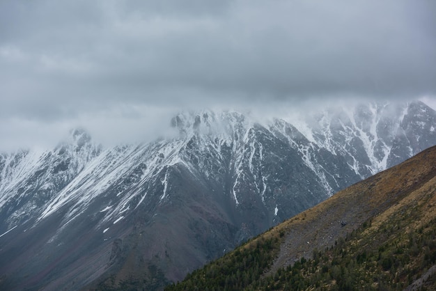 Atmosferico paesaggio aereo con foresta verde sul fianco di una montagna d'oro contro un'alta catena montuosa innevata in nuvole basse piovose Drammatico bellissimo scenario con grandi montagne di neve in un cielo nuvoloso grigio basso