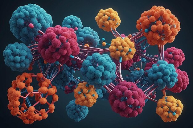 Atomi colorati che formano una struttura molecolare creata utilizzando la tecnologia ai generativa