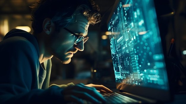 Attacco informatico Vista laterale di un uomo con gli occhiali che usa il computer mentre è in piedi in una stanza buia