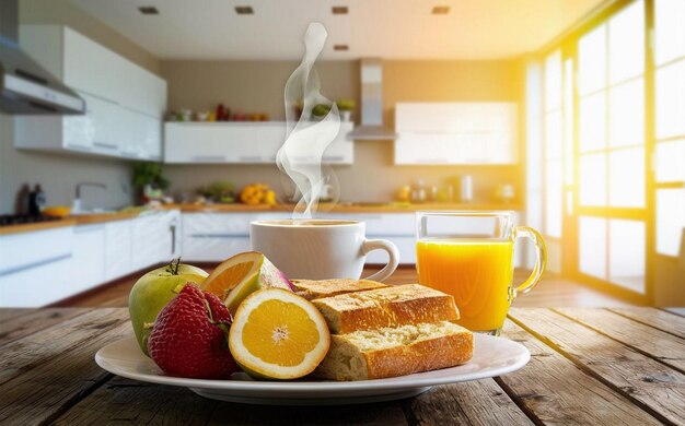 attenzione selettiva alla colazione su tavolo di legno nella cucina moderna a casa