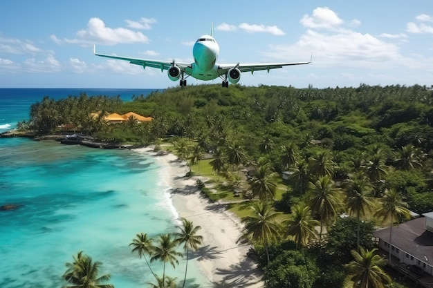 Atterraggio di un aereo in una località tropicale Jet vola sopra l'oceano e la foresta pluviale Atterraggio d'un aereo nella giungla Viaggio esotico Illustrazione generativa di AI
