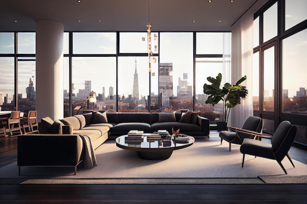 Attico di lusso con vista mozzafiato sullo skyline della città, finestre dal pavimento al soffitto e decorazioni eleganti