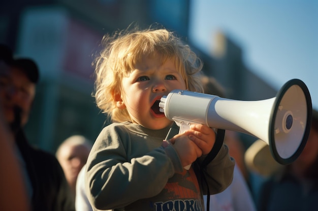 Attivista bambino che protesta con il megafono durante una dimostrazione di illuminazione cinematografica in prima persona