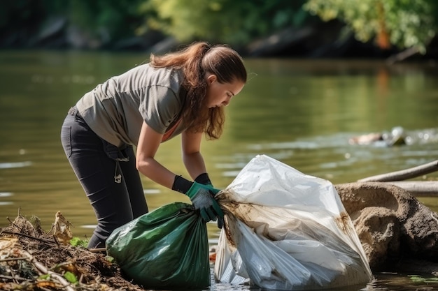 Attivista che pulisce il fiume durante la settimana della pulizia del fiume