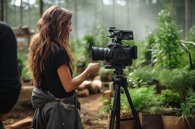 Attivista donna che trasmette un messaggio potente in un vlog in un luogo all'aperto con oggetti di scena ecologici