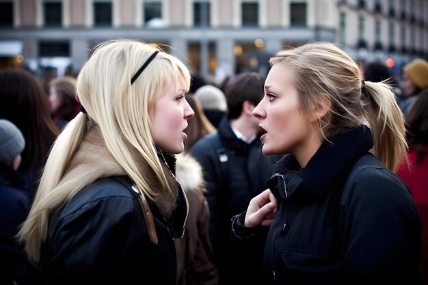 Attivista femminile che protesta con un megafono durante uno sciopero con un gruppo di manifestanti sullo sfondo