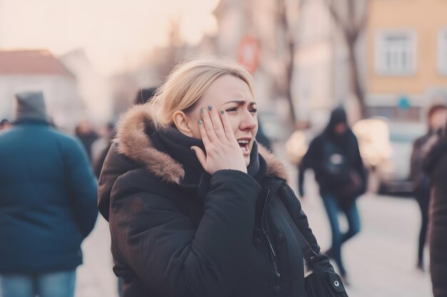 Attivista femminile che protestava con il megafono durante uno sciopero con un gruppo di dimostranti sullo sfondo